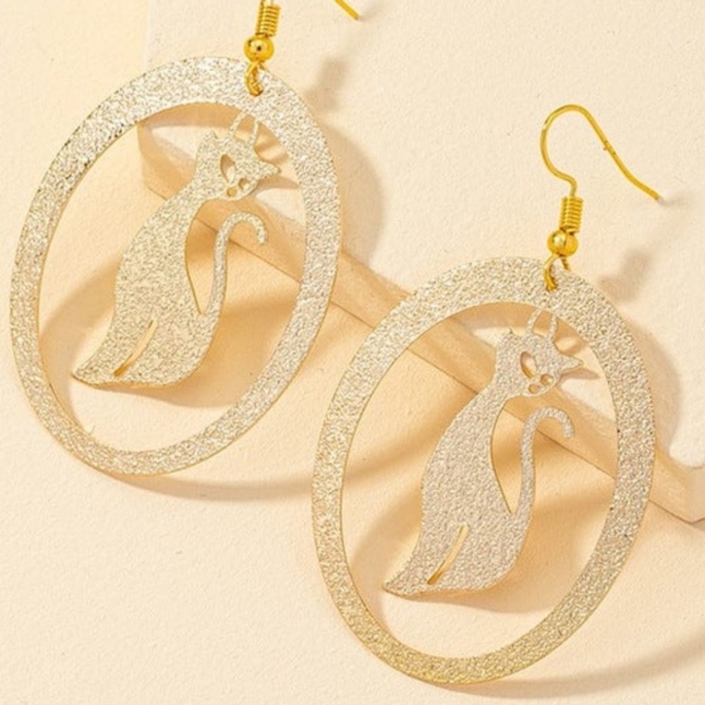 Womens Gold Tone Sparkle Kitten Hoop‎ Earrings